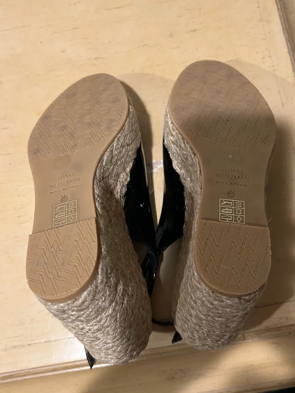 Stuart Weitzman black patent sling back espadrille wedge in size 6.5